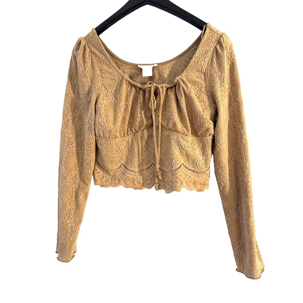 Kirious Los Angeles Womens Coffee LS Eyelet Crop Top - L - Boho cottagecore